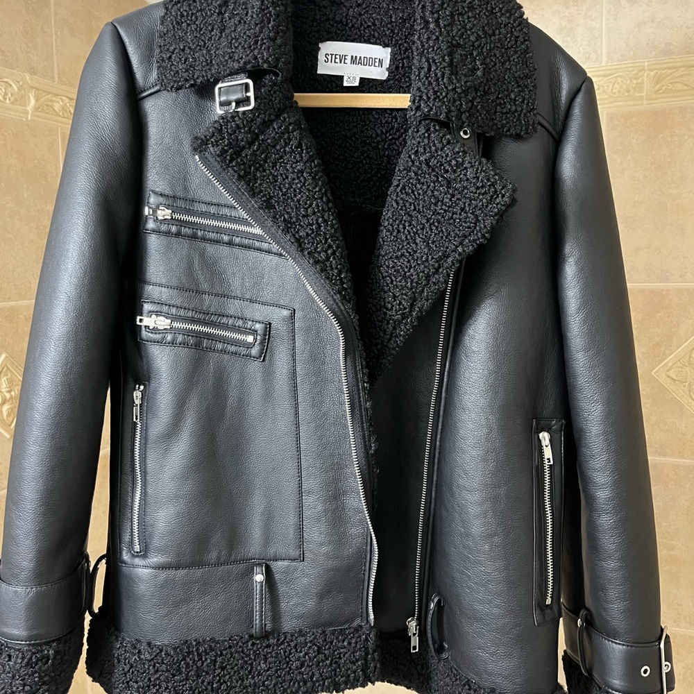 Steve Madden Black Quinn Shearling Leather Moto Jacket